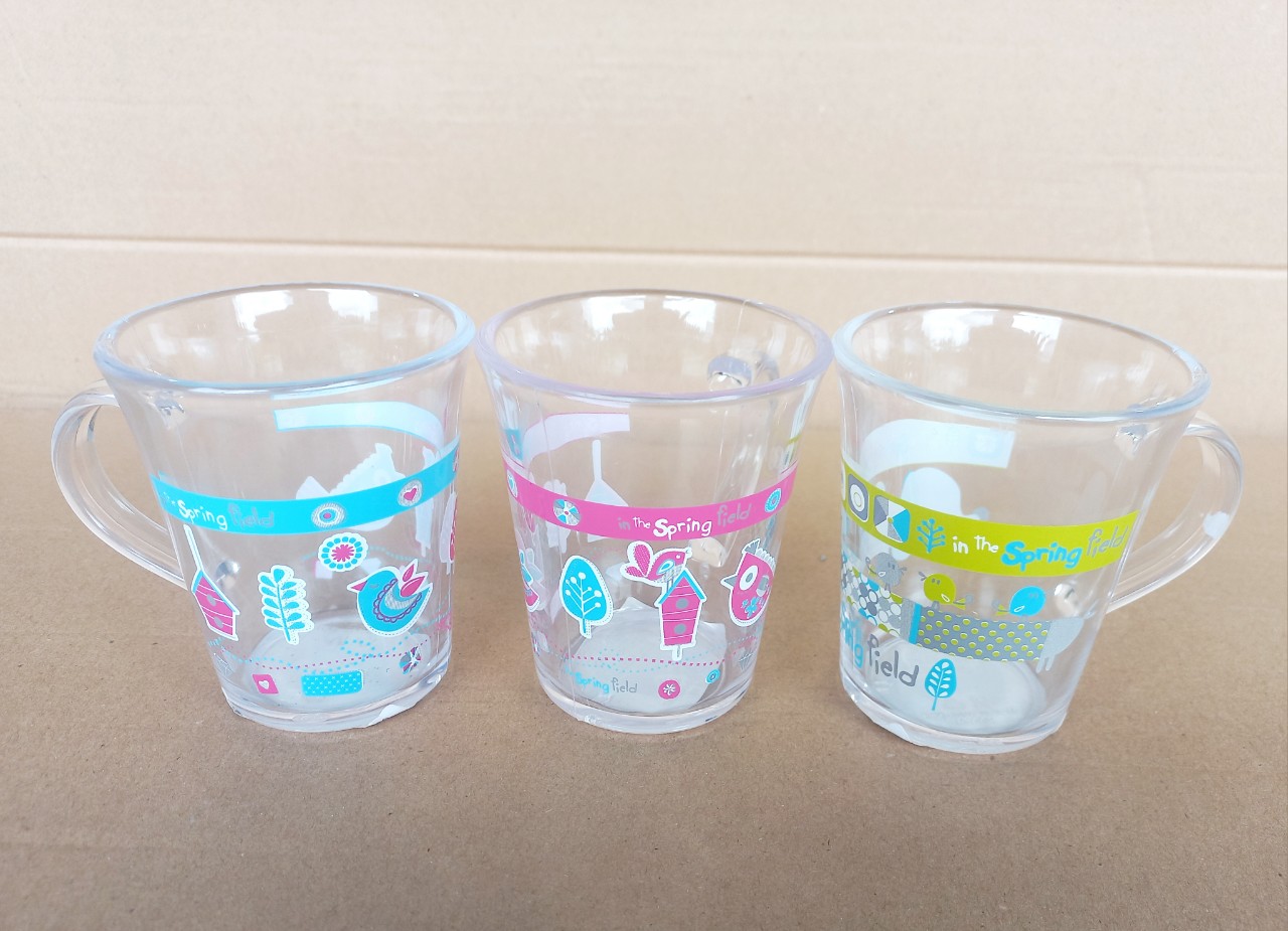 Ca uống nước nhựa trong có quai & in hoa 300ml (8x9.5cm), mã số: PN1051E