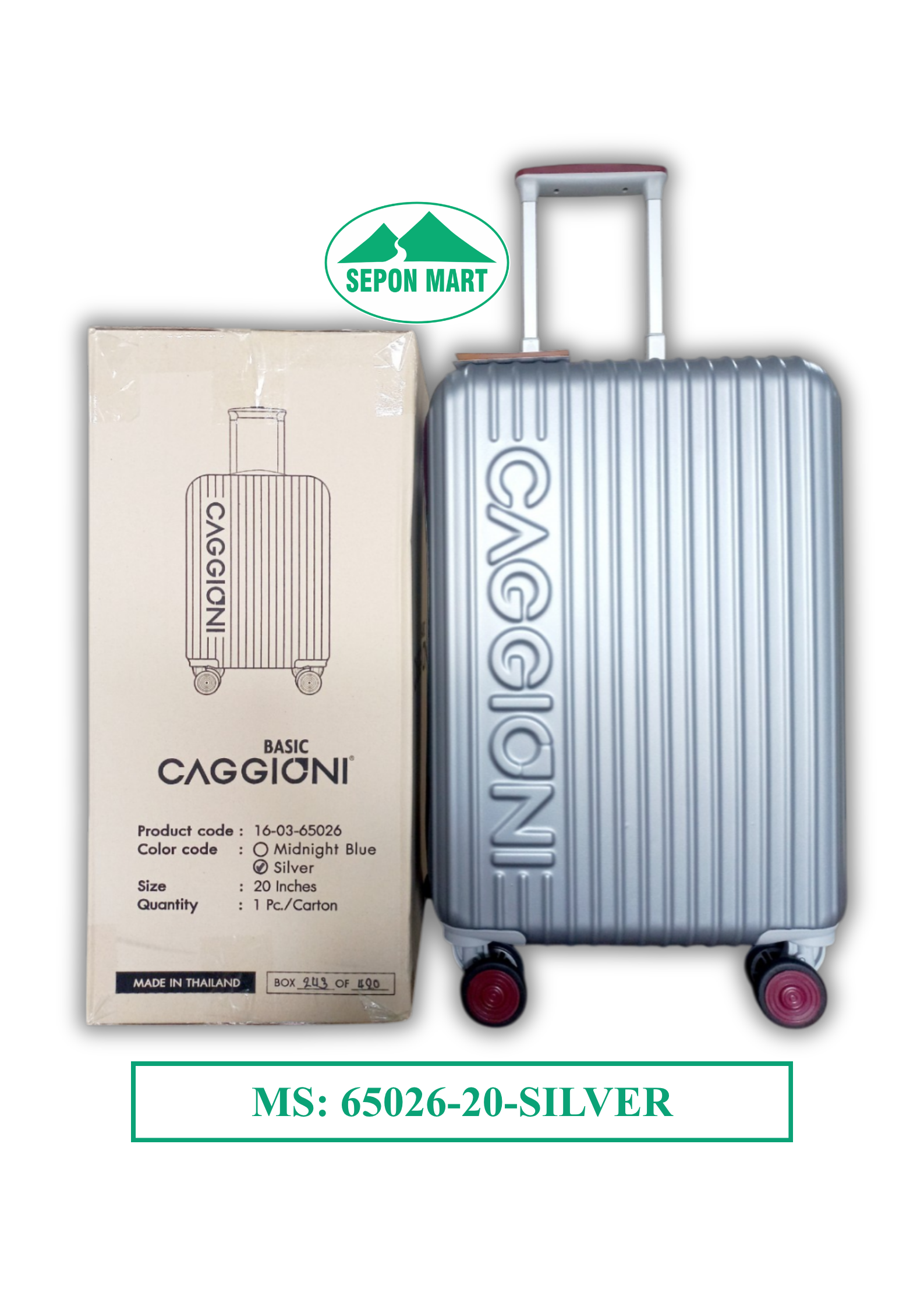 Vali Thái Lan - nhãn hiệu Caggioni (Silver - bạc) size: 20inch (36x23x50cm), Mã số: 65026-20SILVER