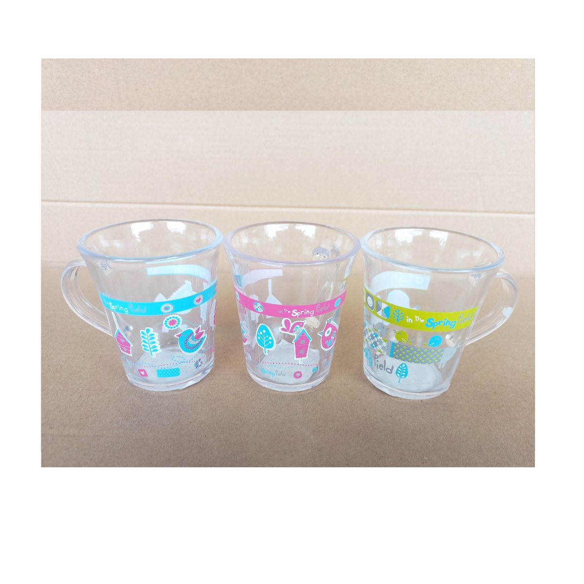 Ca uống nước nhựa trong có quai & in hoa 300ml (8x9.5cm), mã số: PN1051E